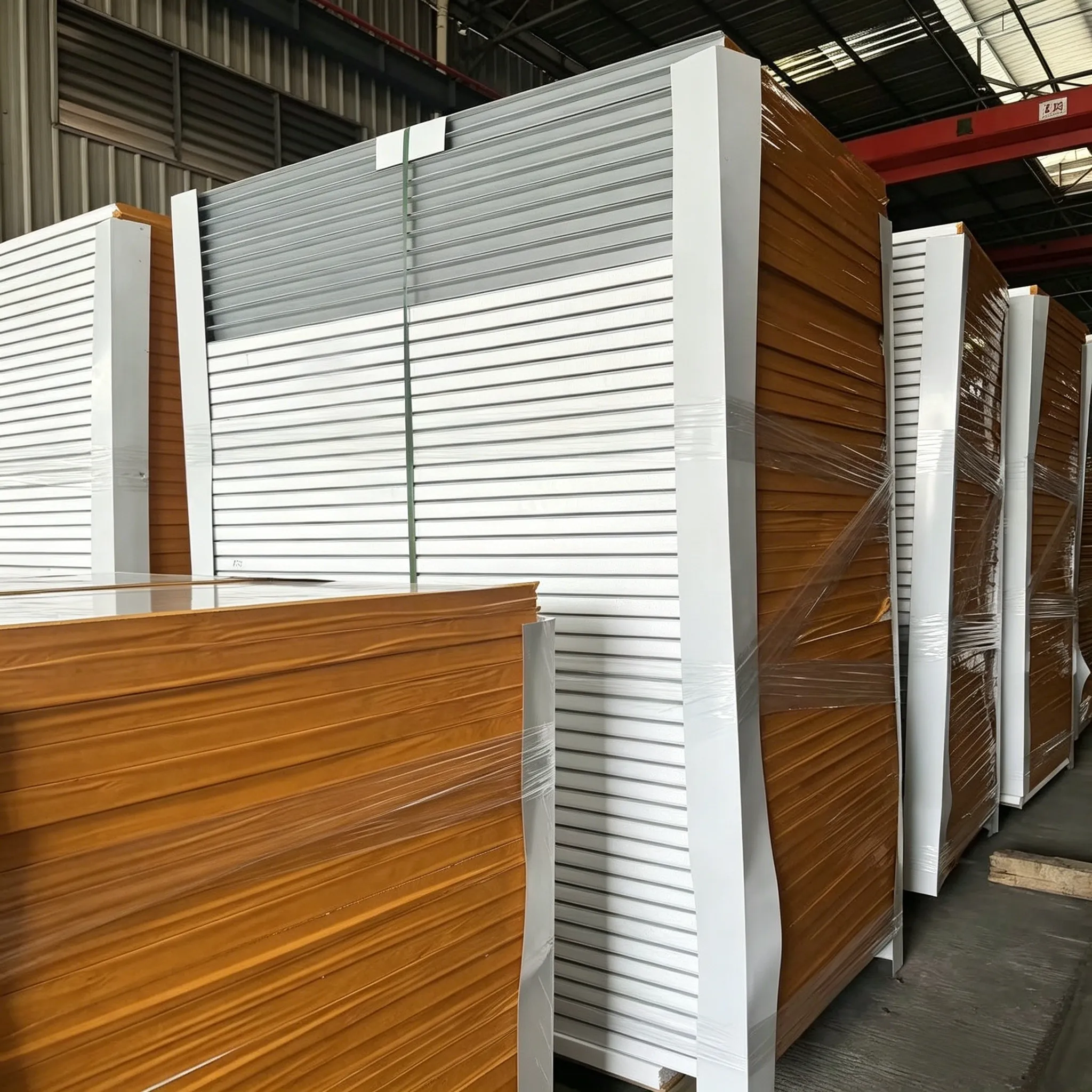 Reference photograph of bundled panels with wrapping and edge protection
