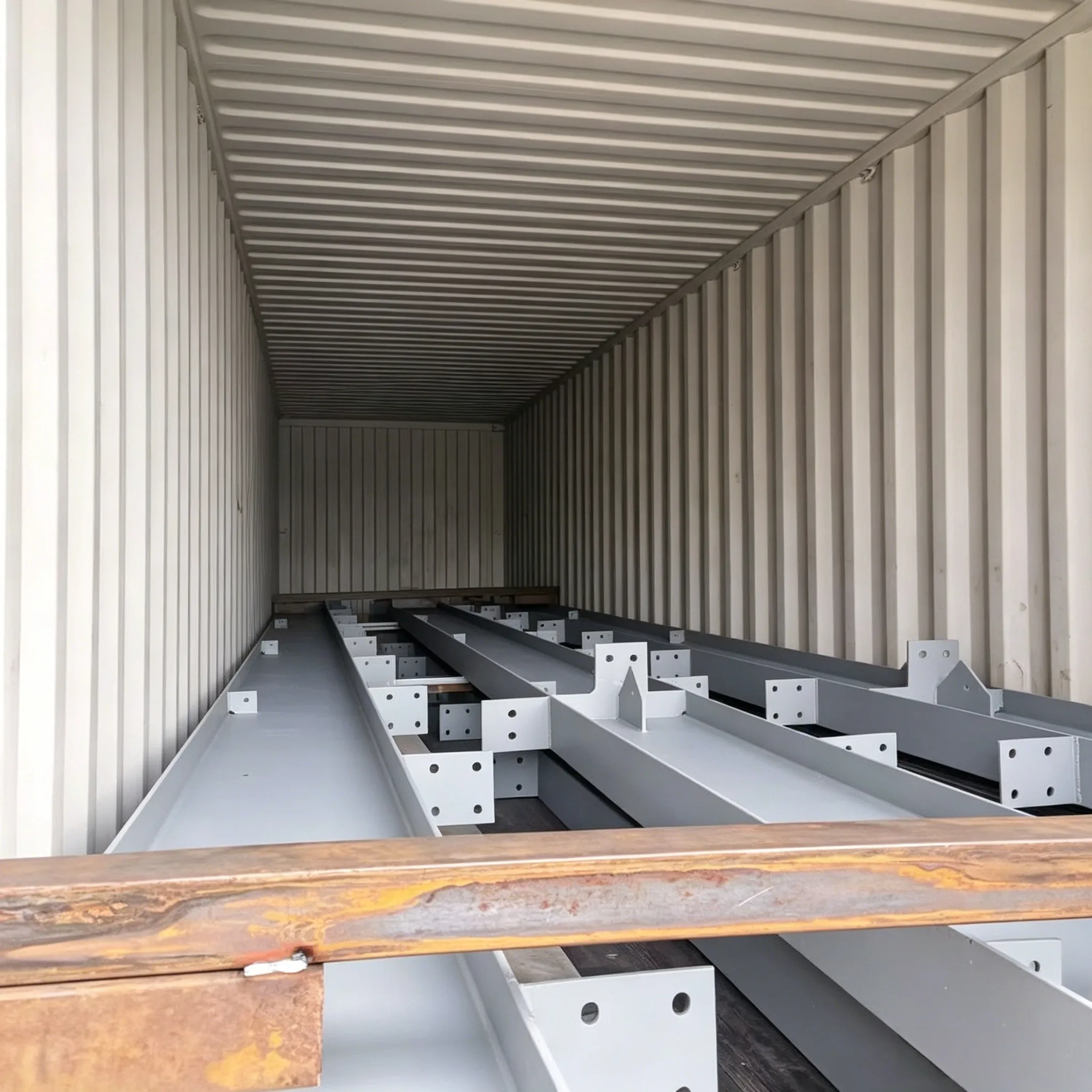 Reference photograph of steel members arranged inside a shipping container