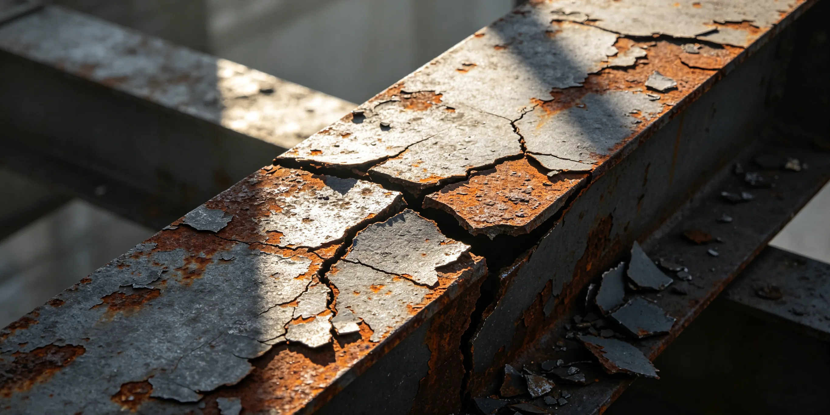 Representative close-up of peeling coating and rust on a steel member