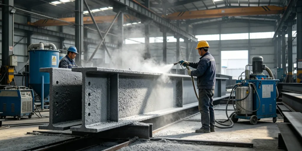 worker-sandblasting-steel-structure-for-paint-adhesion