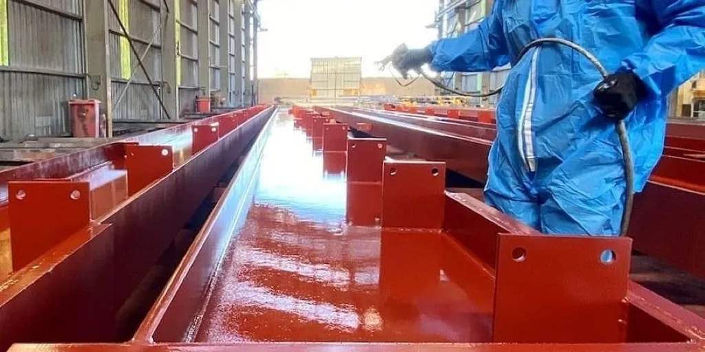 worker-spray-painting-steel-siding-red-beams