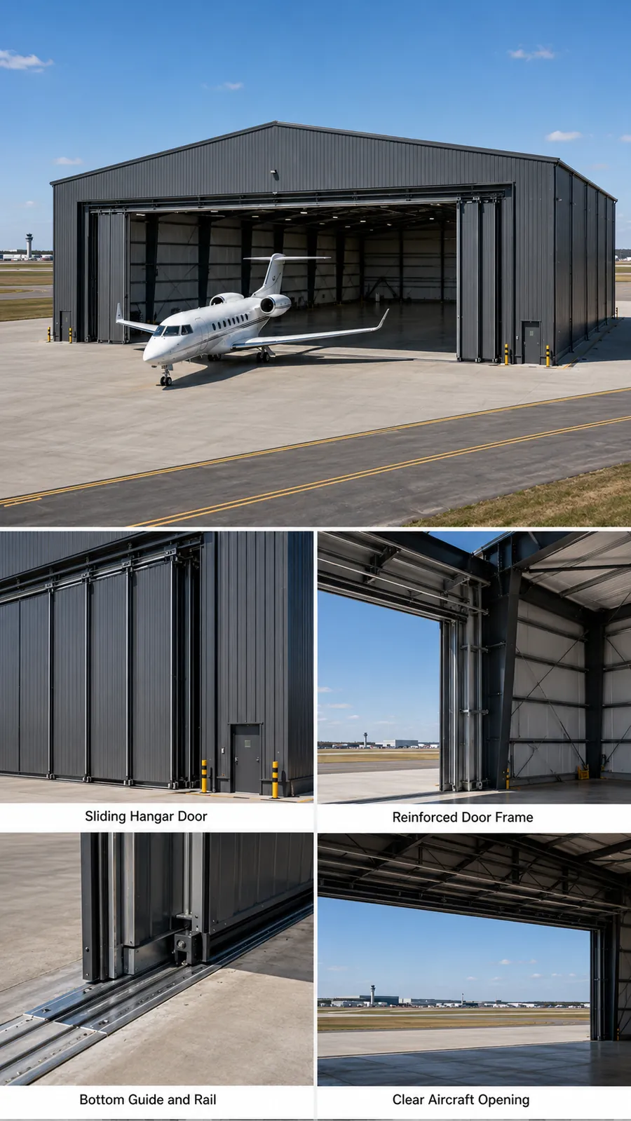 Large sliding aircraft hangar door with reinforced frame and clear aircraft access