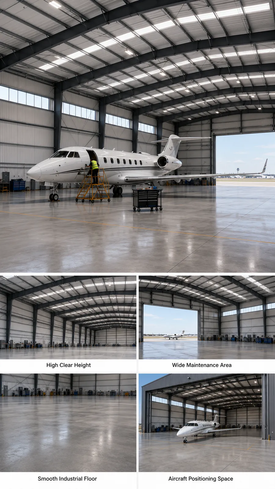 Clear-span aircraft hangar interior with business jet maintenance area