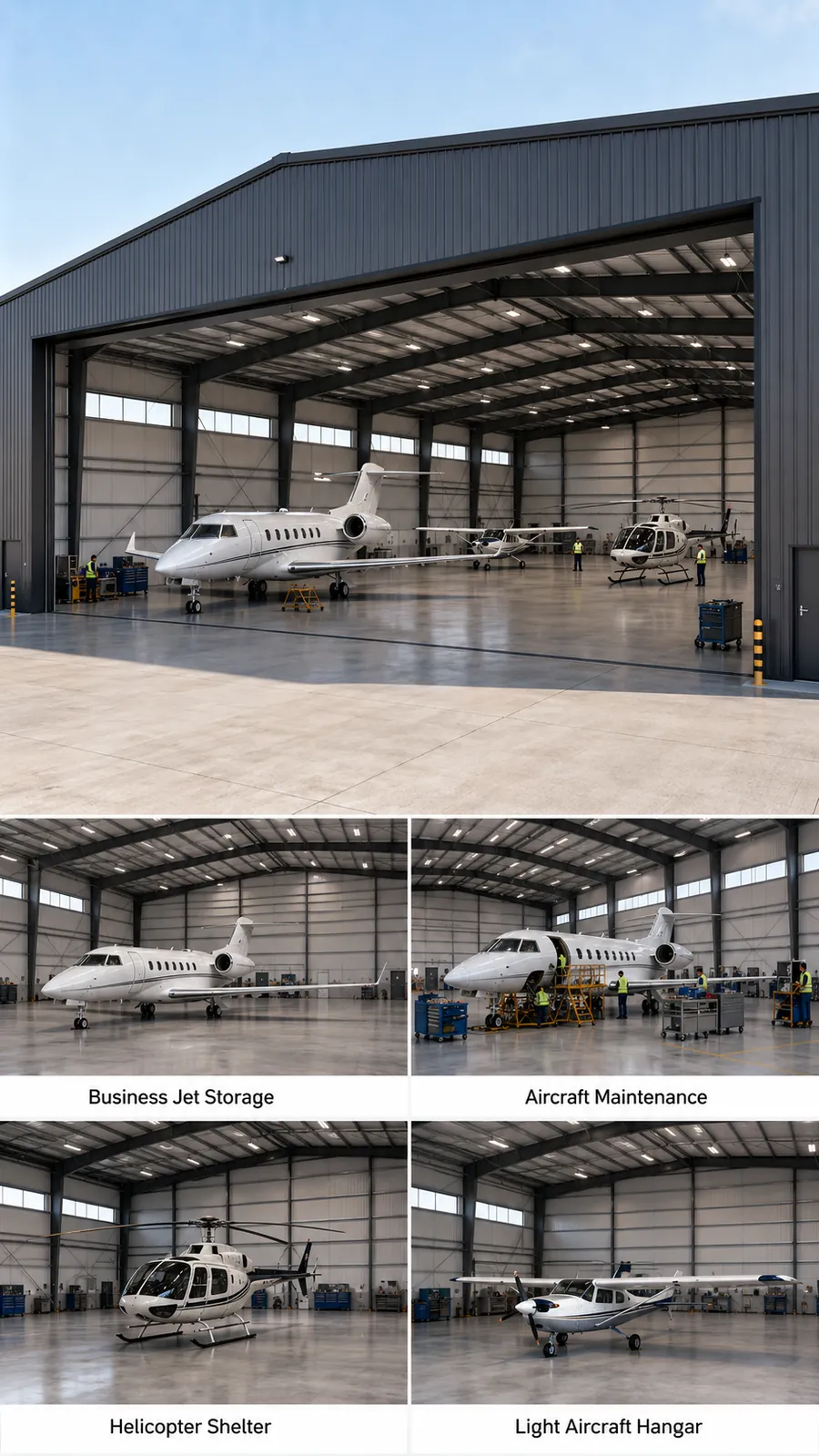 Aircraft hangar interior for business jet storage maintenance helicopter shelter and light aircraft