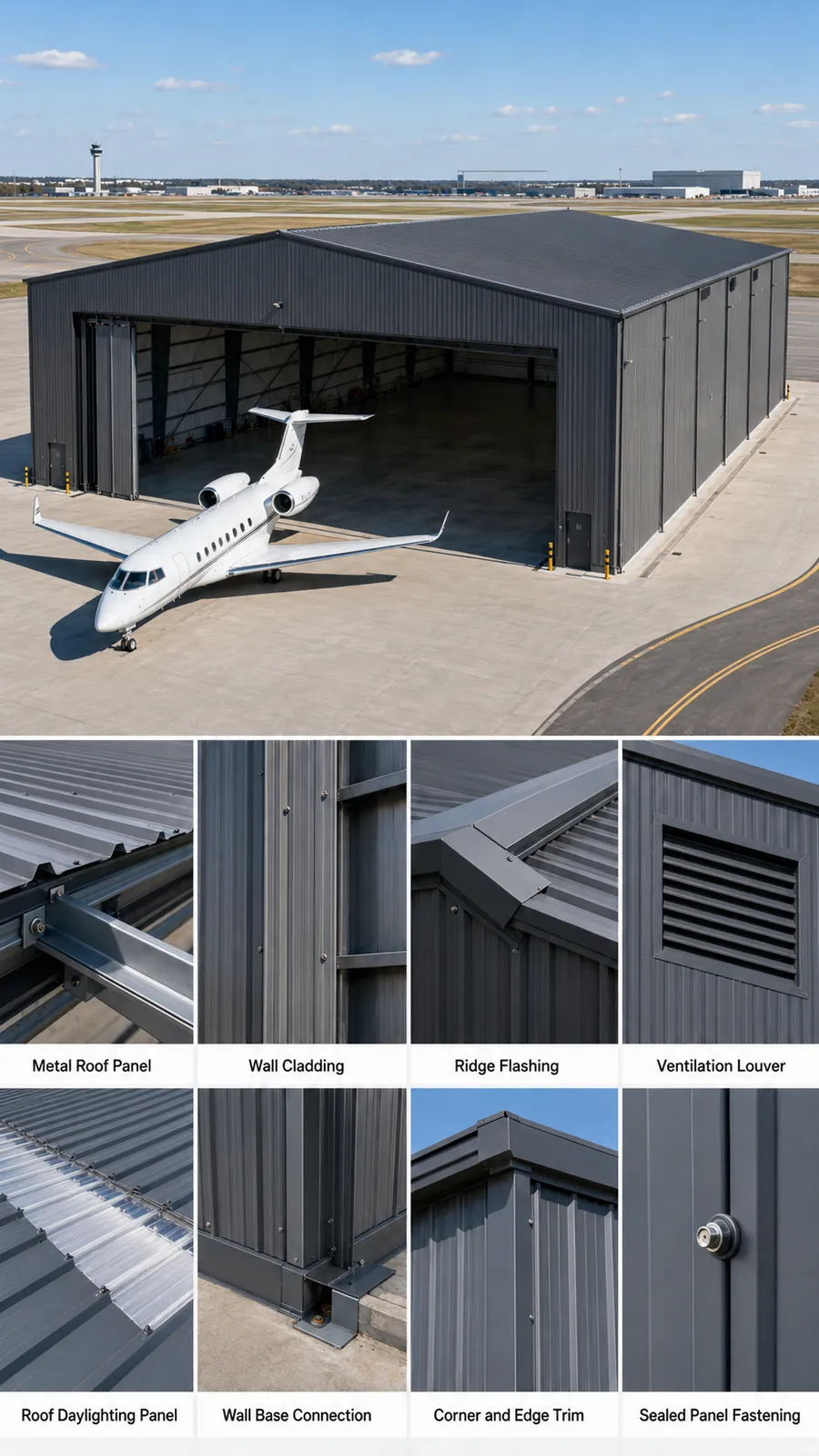 Aircraft hangar roof wall daylighting and ventilation system details