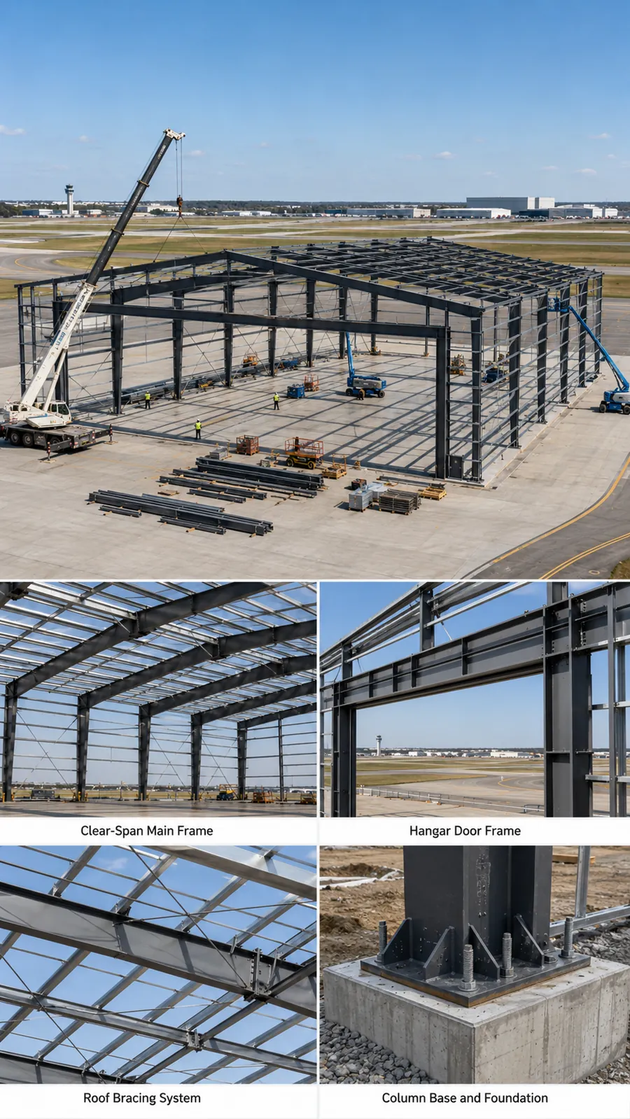 Large clear-span aircraft hangar steel frame under construction
