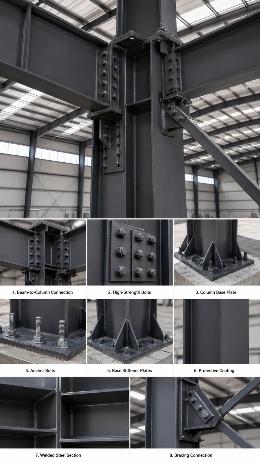 Aircraft hangar beam column base plate anchor bolt and bracing connection details