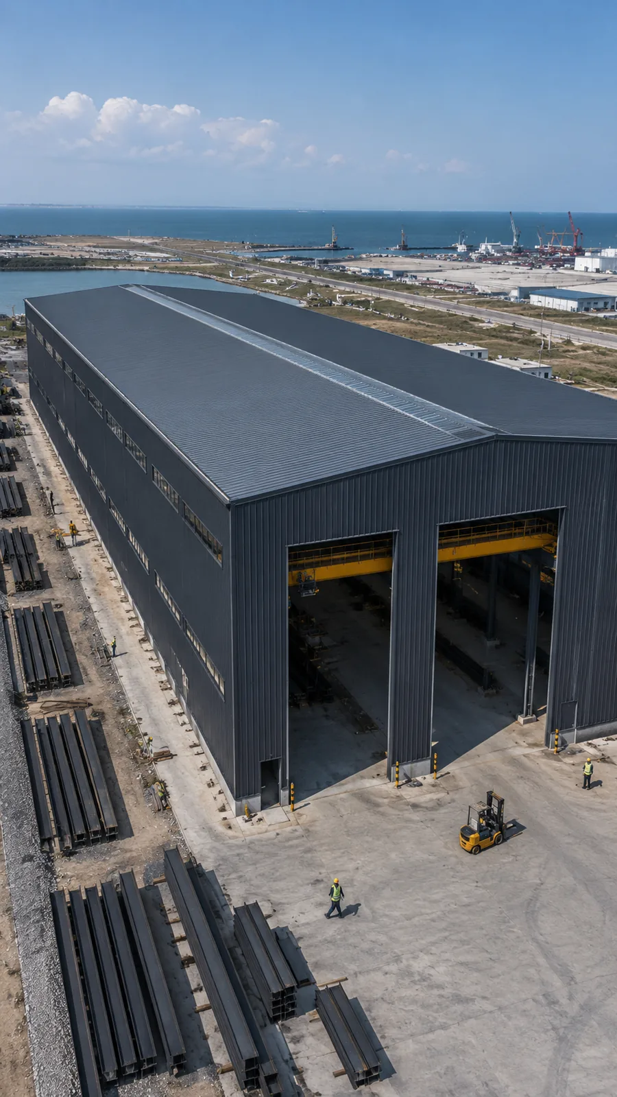 Completed coastal steel warehouse with large industrial door openings