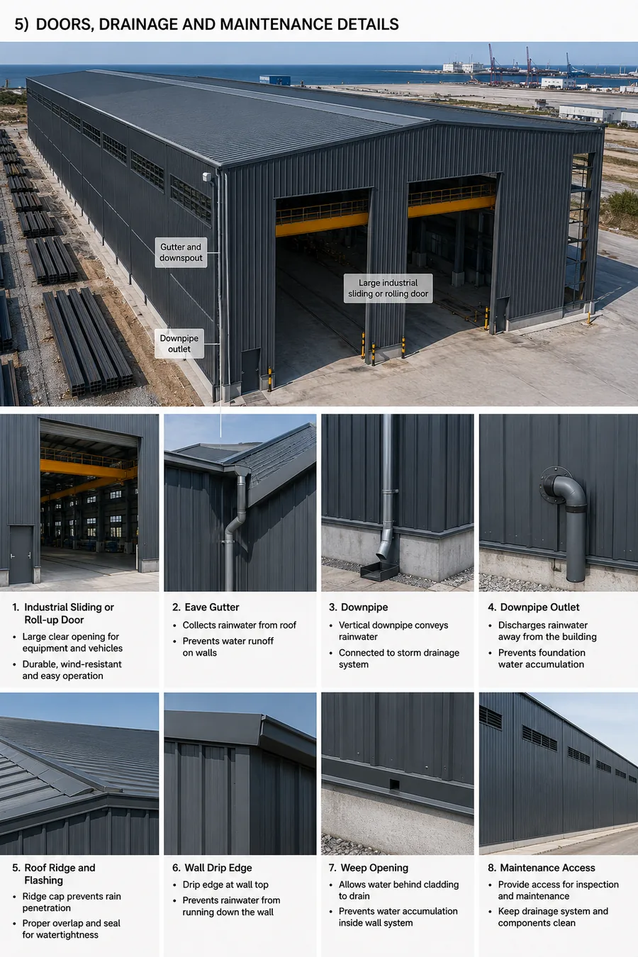 Coastal steel warehouse industrial doors drainage and maintenance details