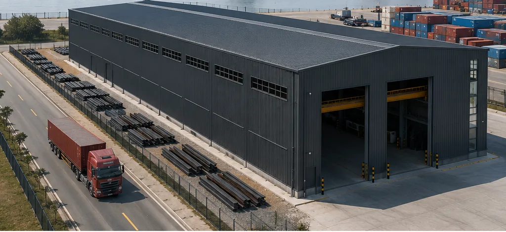 Coastal steel warehouse supporting port logistics and cargo handling