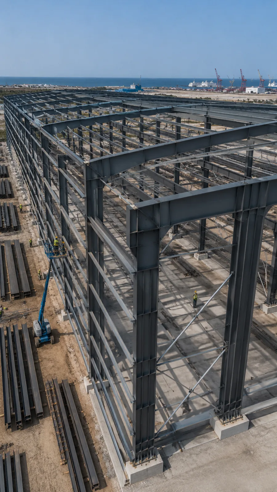 Coastal steel warehouse steel frame under construction near a port