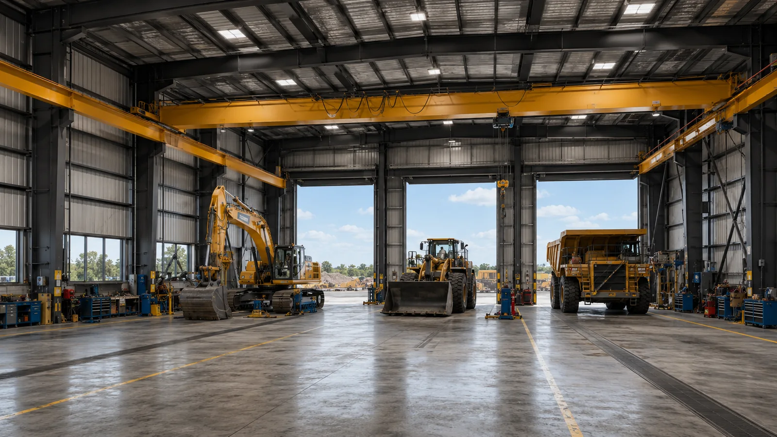 Heavy equipment maintenance bays with excavator loader and mining truck