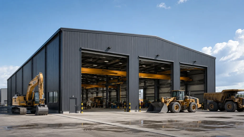 Heavy equipment maintenance workshop with three large industrial door openings