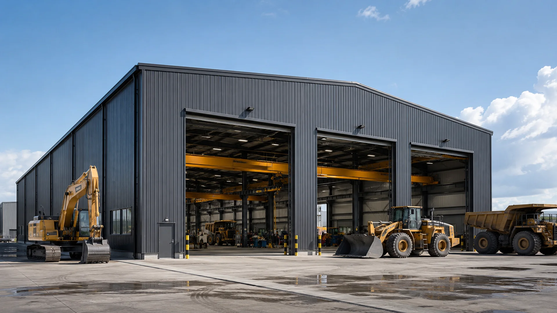 Heavy equipment maintenance workshop with three large industrial door openings