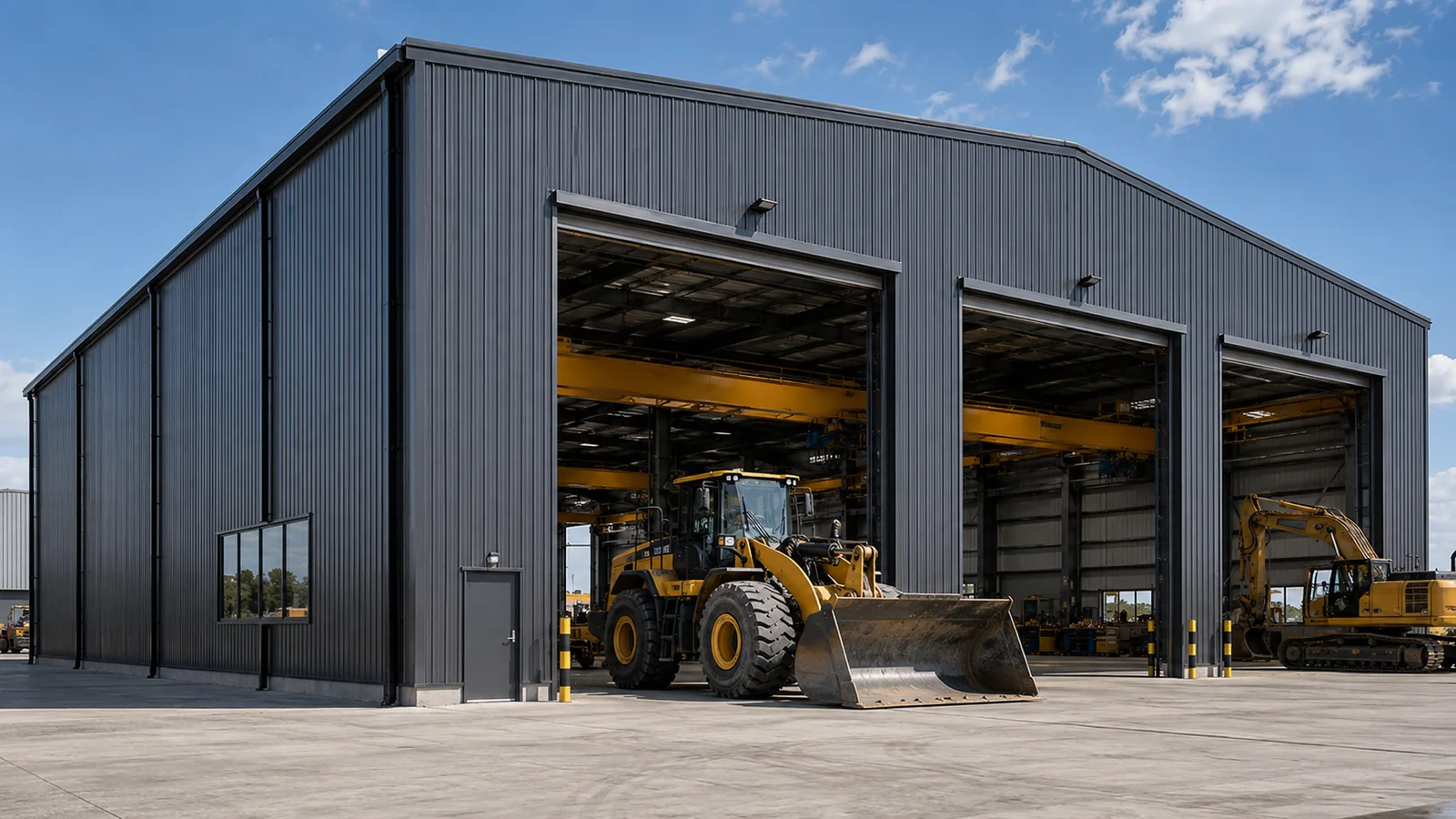 Large industrial workshop door for heavy equipment access