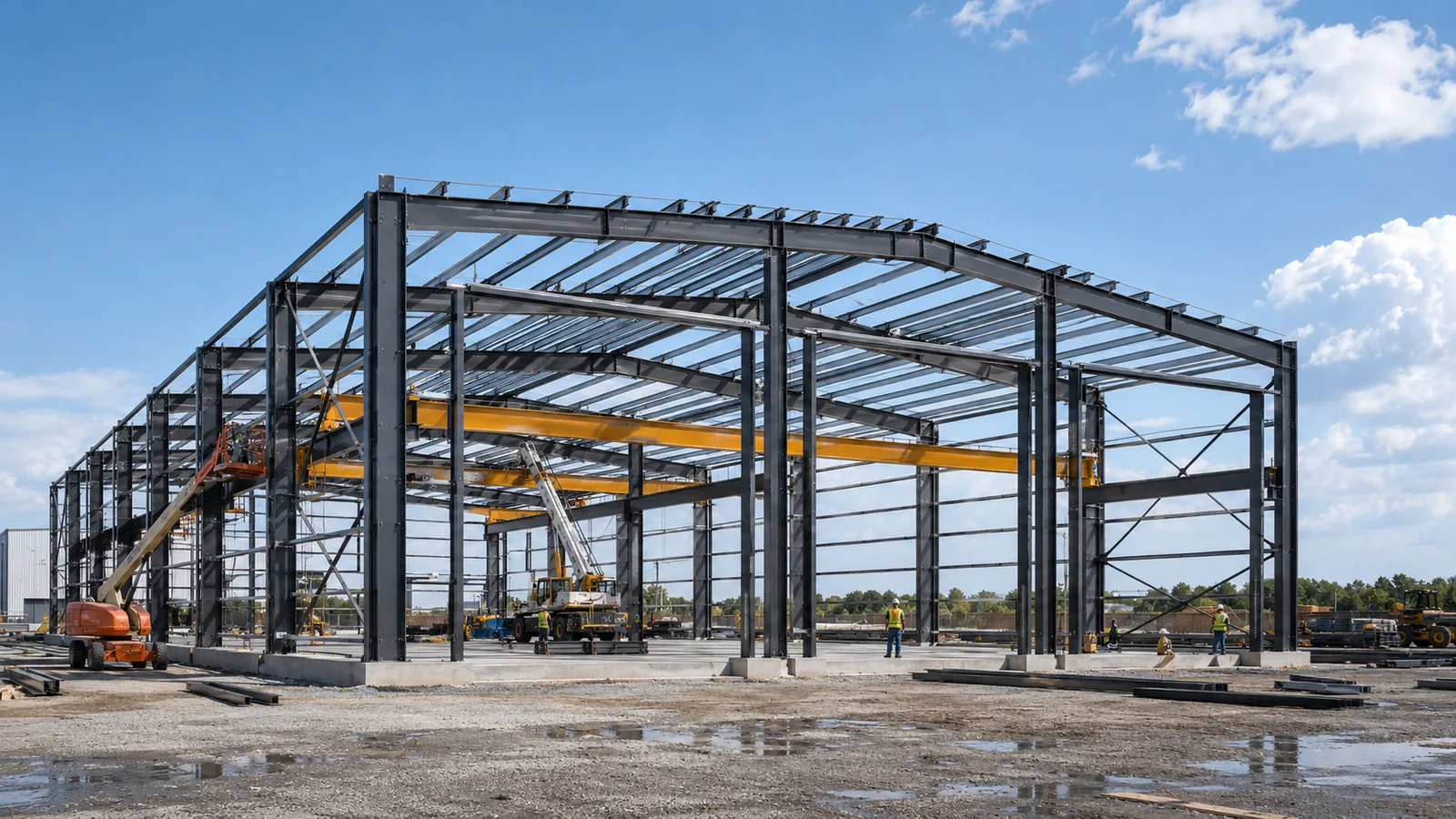 Heavy equipment maintenance workshop steel frame with crane girders under construction