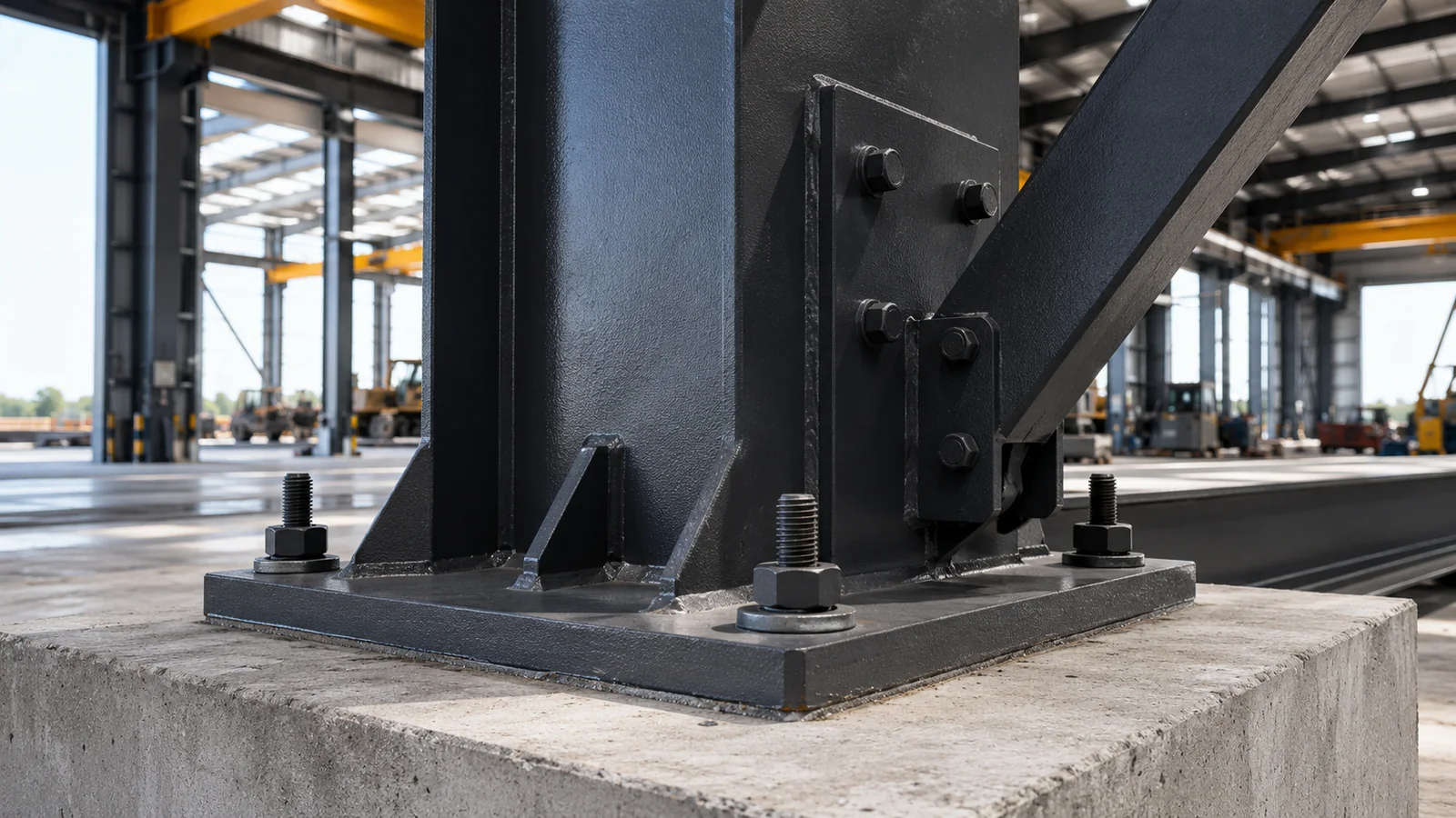 Steel column base plate anchor bolts and bracing connection detail