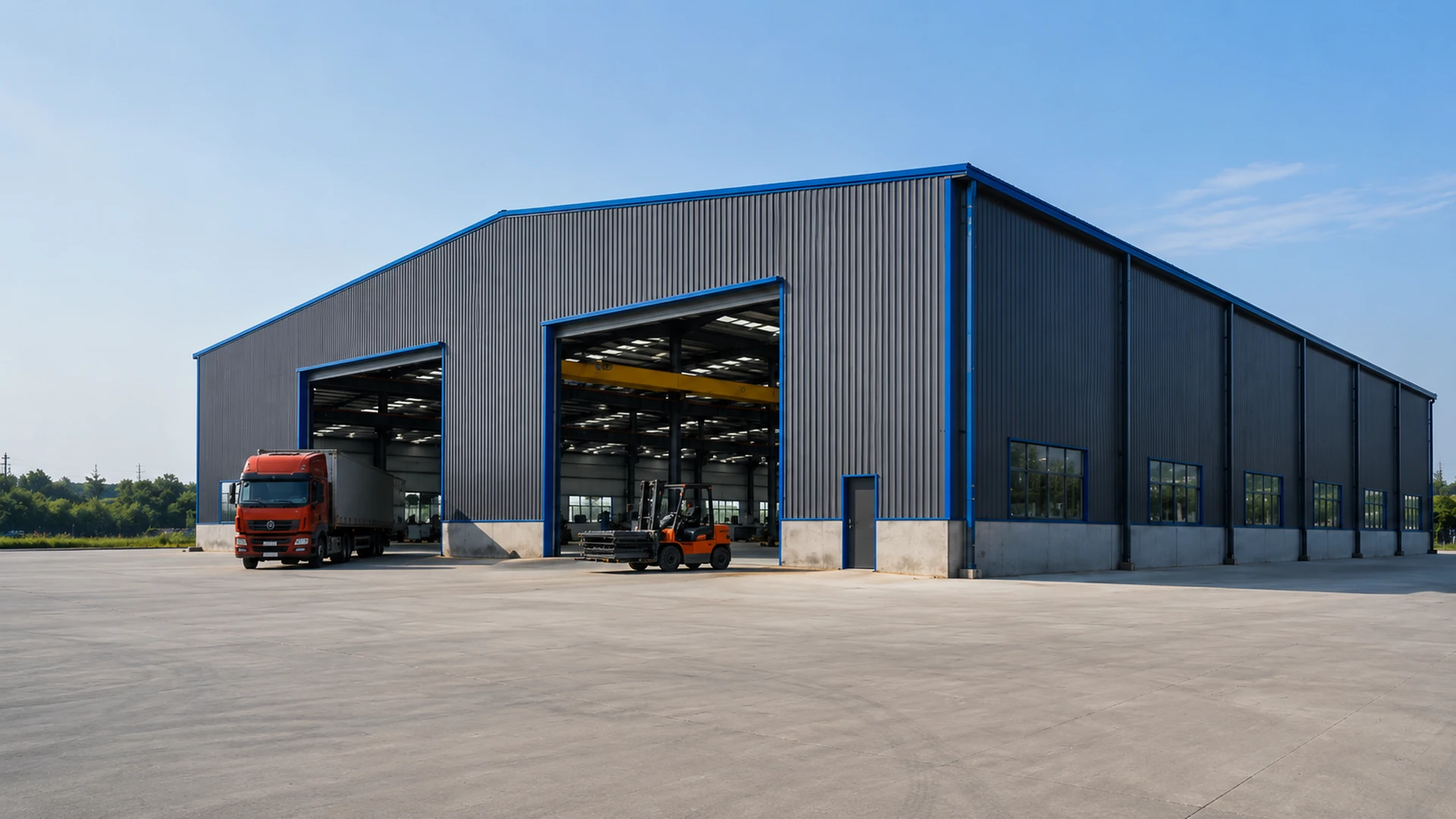 Industrial steel factory building with large equipment doors, truck access and forklift circulation