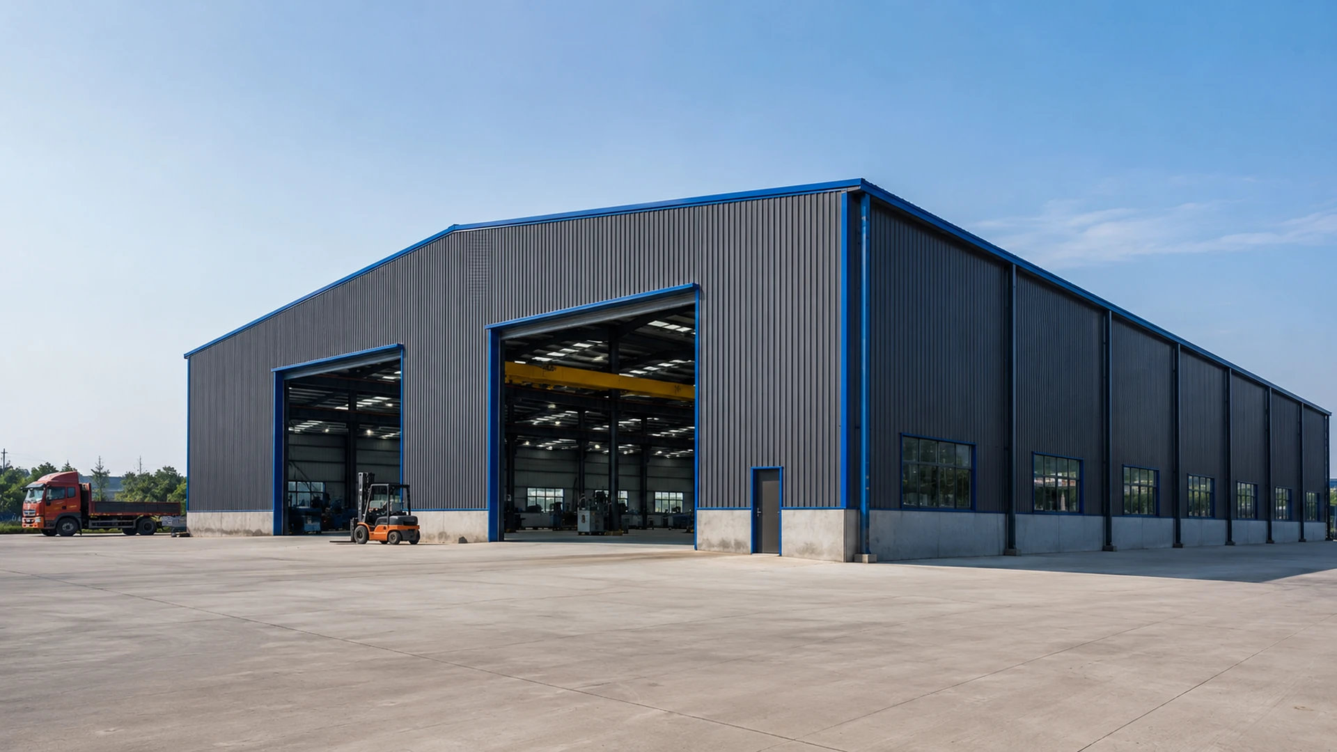 Completed industrial steel factory building with large equipment doors