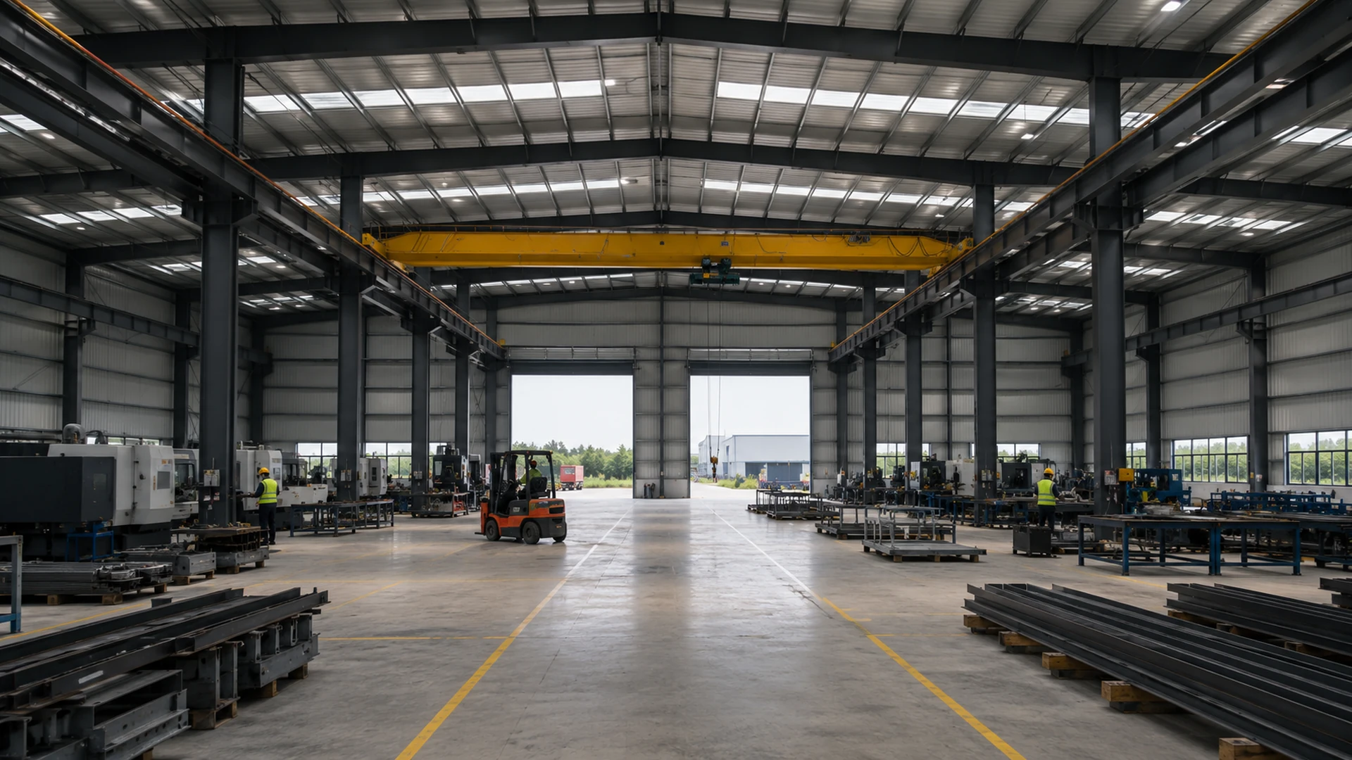 Steel factory interior showing production equipment, material storage and a central forklift route