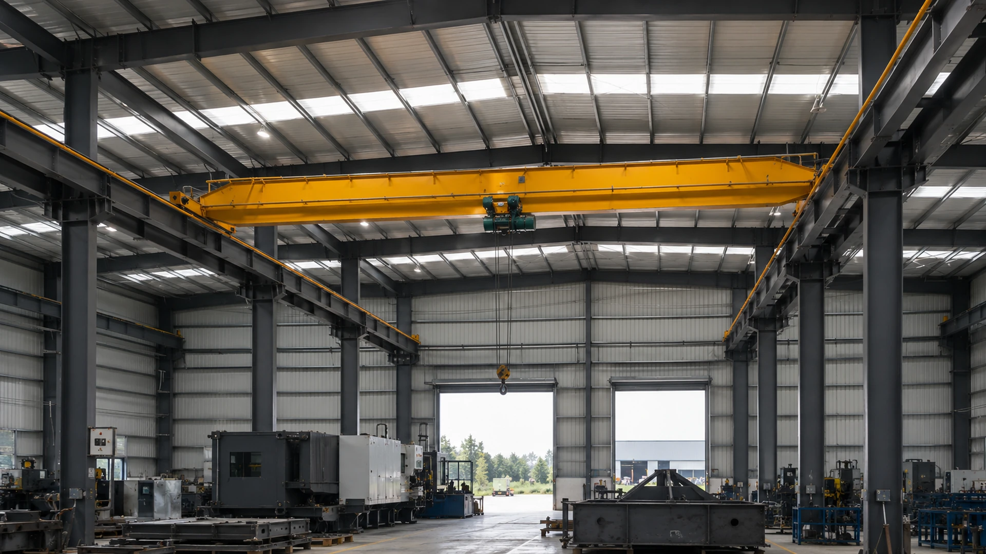 Yellow overhead crane installed inside a heavy steel factory building