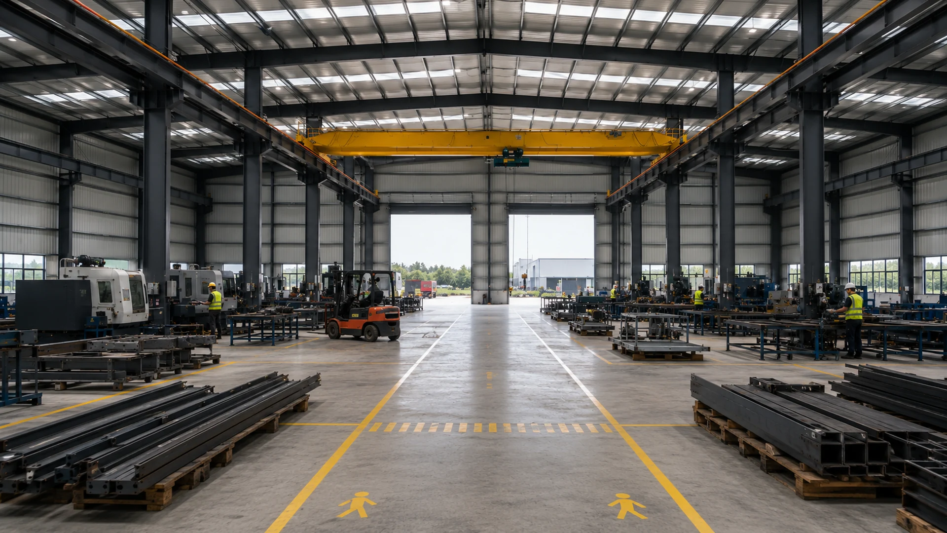 Industrial steel factory production floor with machinery, forklift lanes and overhead crane