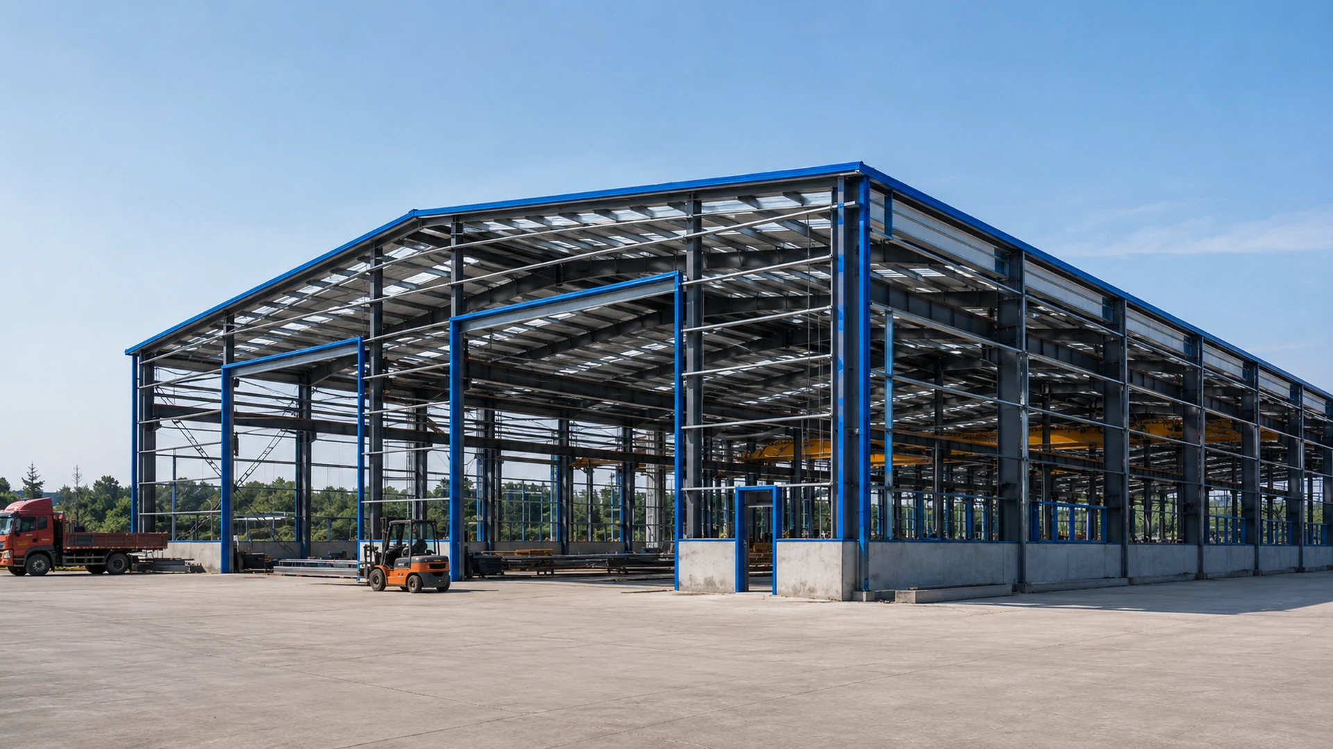 Steel frame construction of a large industrial factory building with crane beams and wide equipment openings