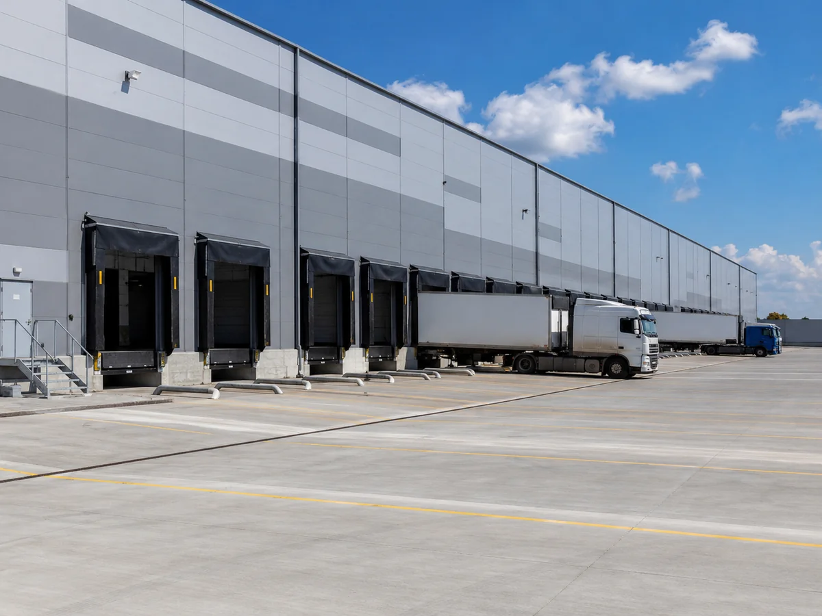 logistics warehouse loading dock with trucks
