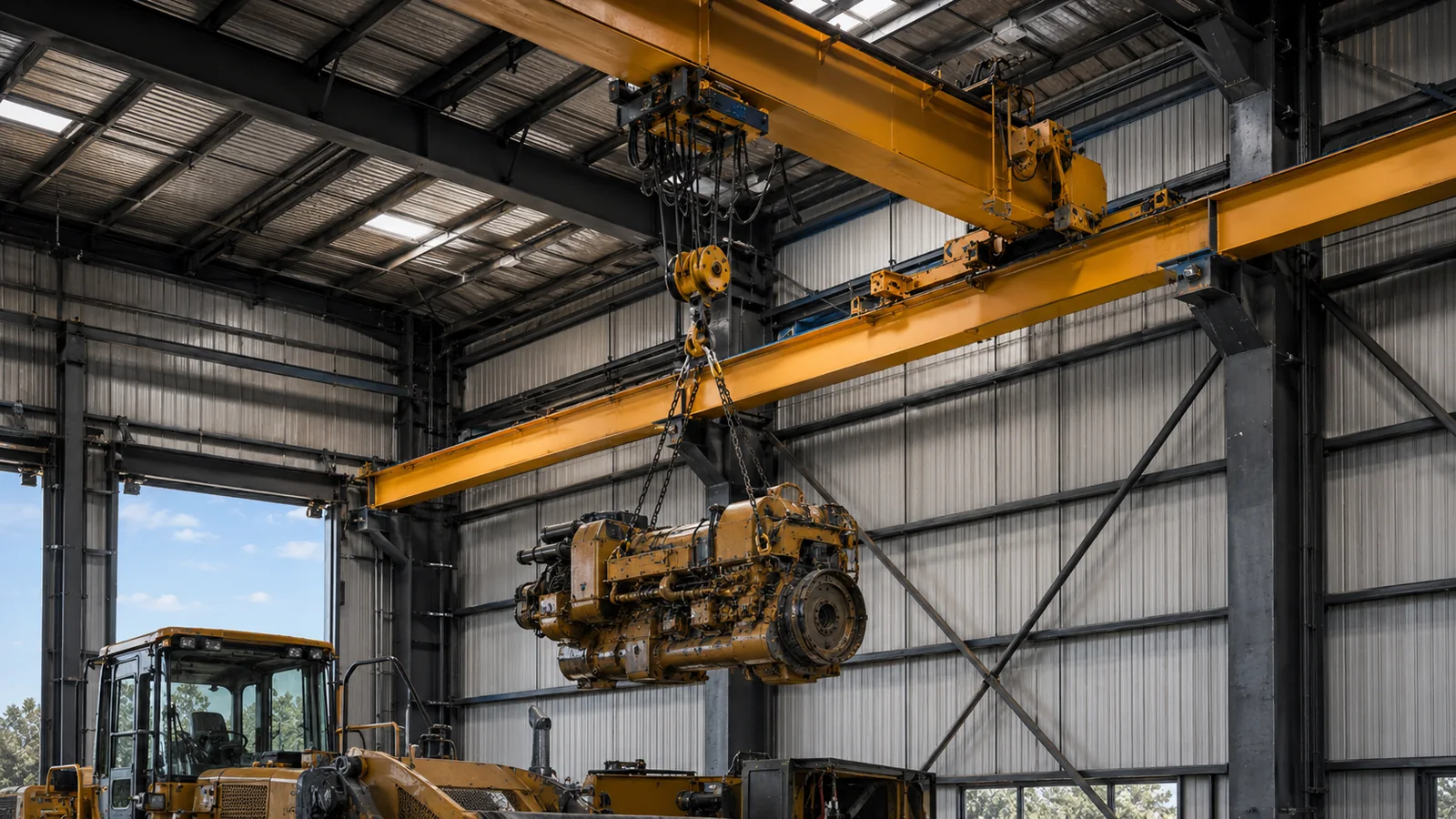 Overhead bridge crane lifting a heavy equipment engine inside the workshop