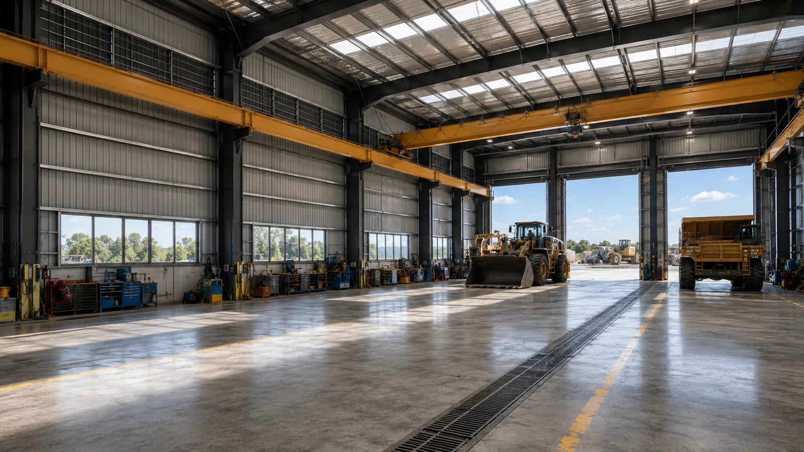Heavy equipment maintenance workshop with daylighting ventilation and industrial drainage floor
