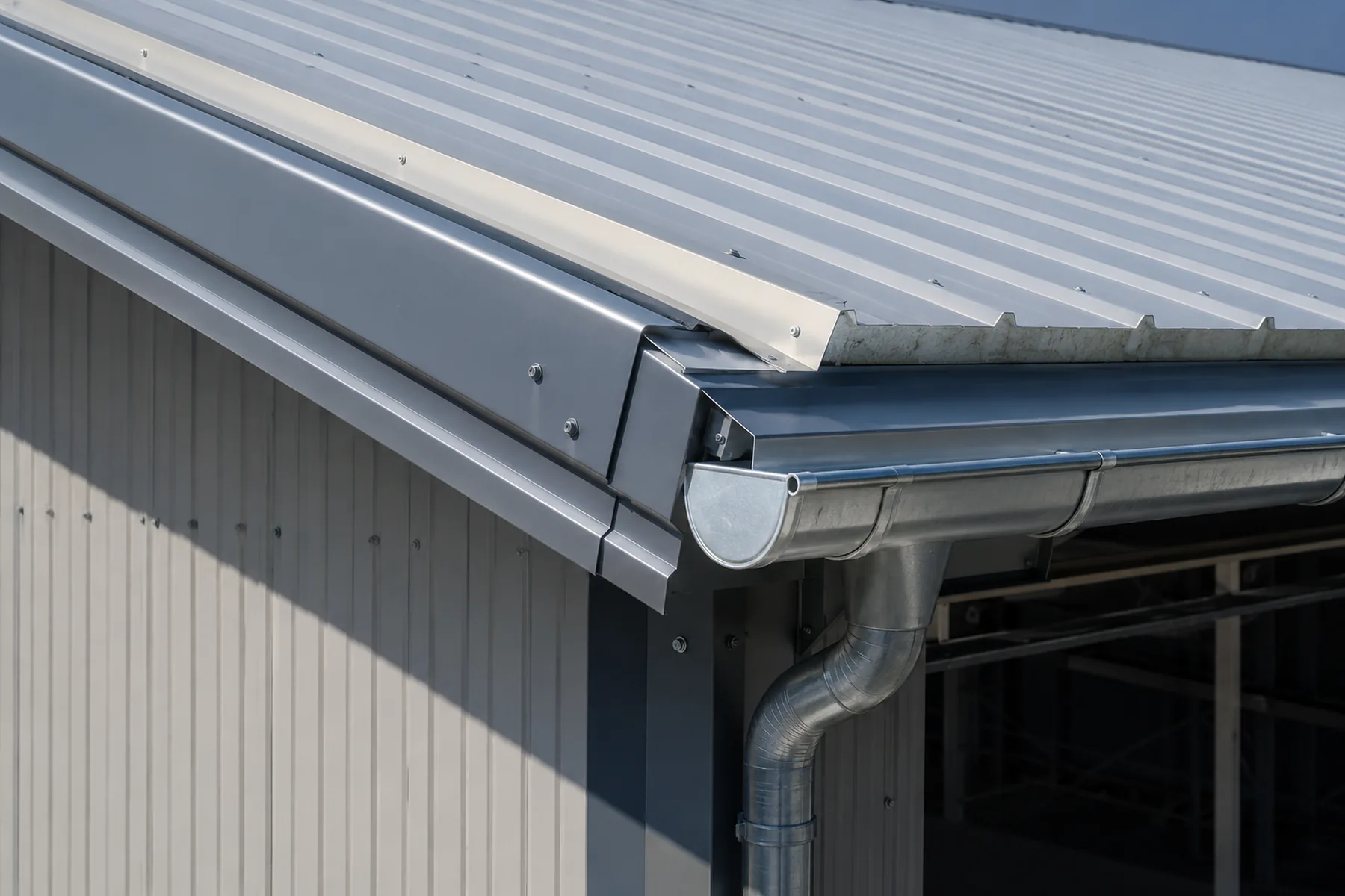 Sandwich roof panel eave detail with gutter and rainwater drainage system