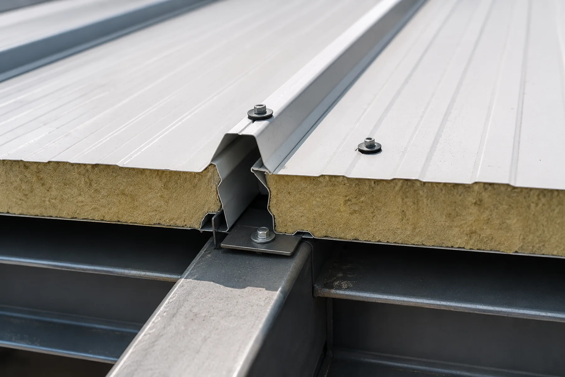 Roof sandwich panel fastener detail with sealing washer and steel support