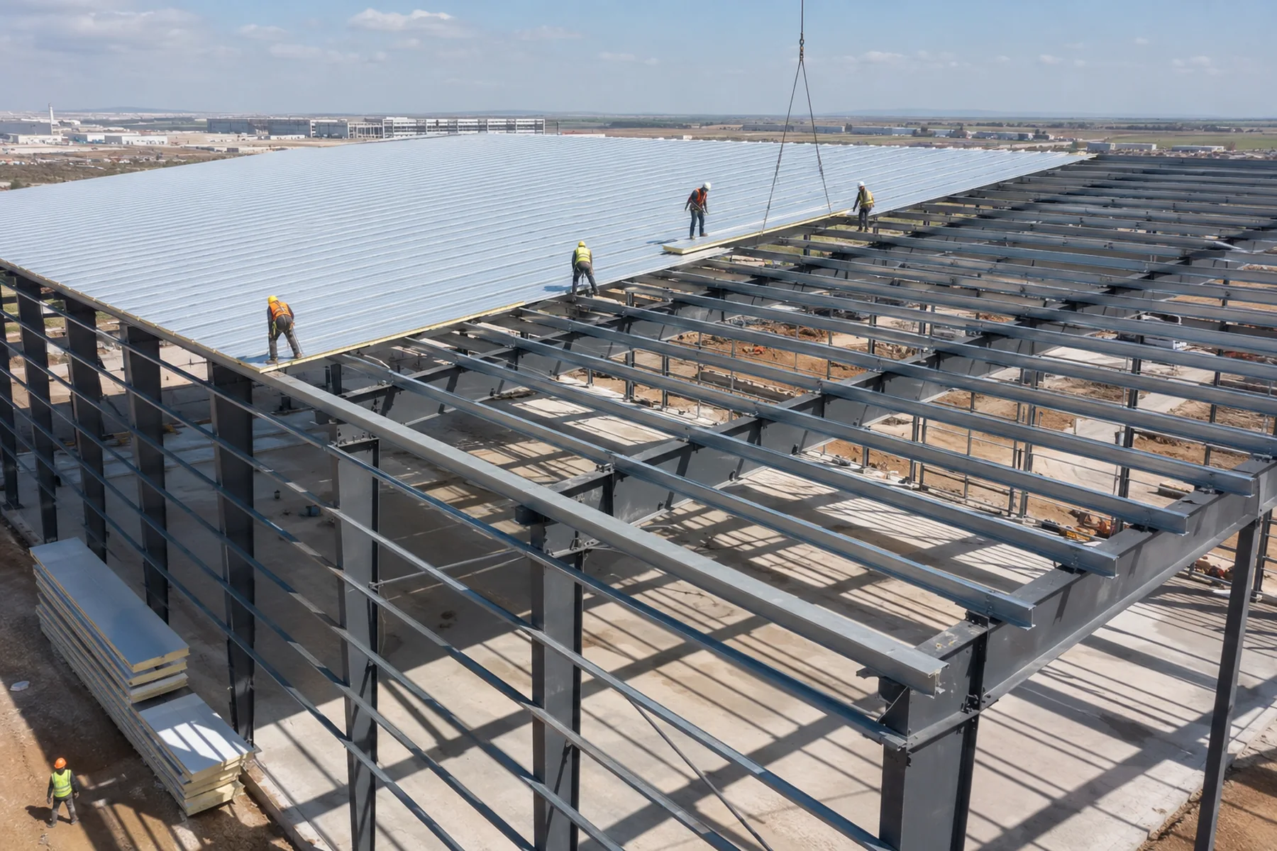 Steel building roof sandwich panel installation on a large industrial workshop