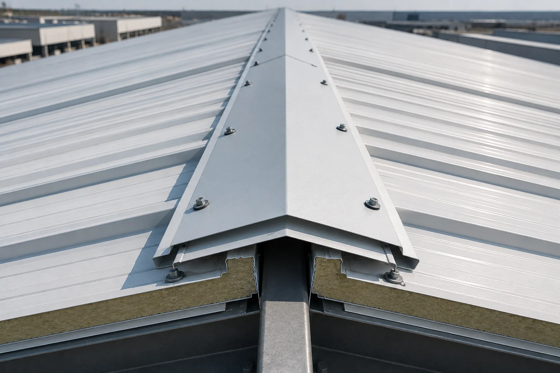 Steel roof sandwich panels with ridge flashing installation detail