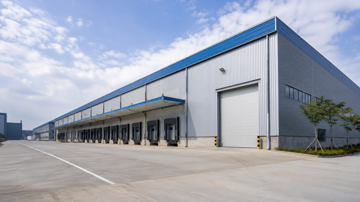 steel logistics warehouse building with loading docks