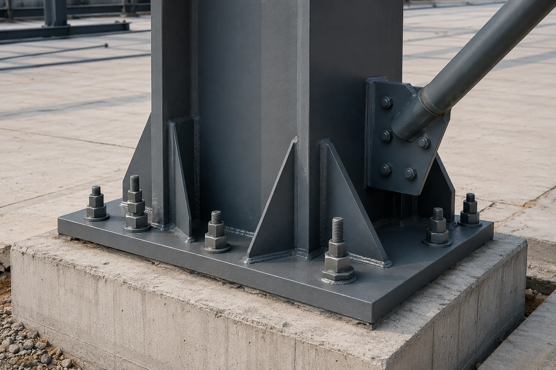 Steel warehouse column base plate anchor bolts and bracing connection