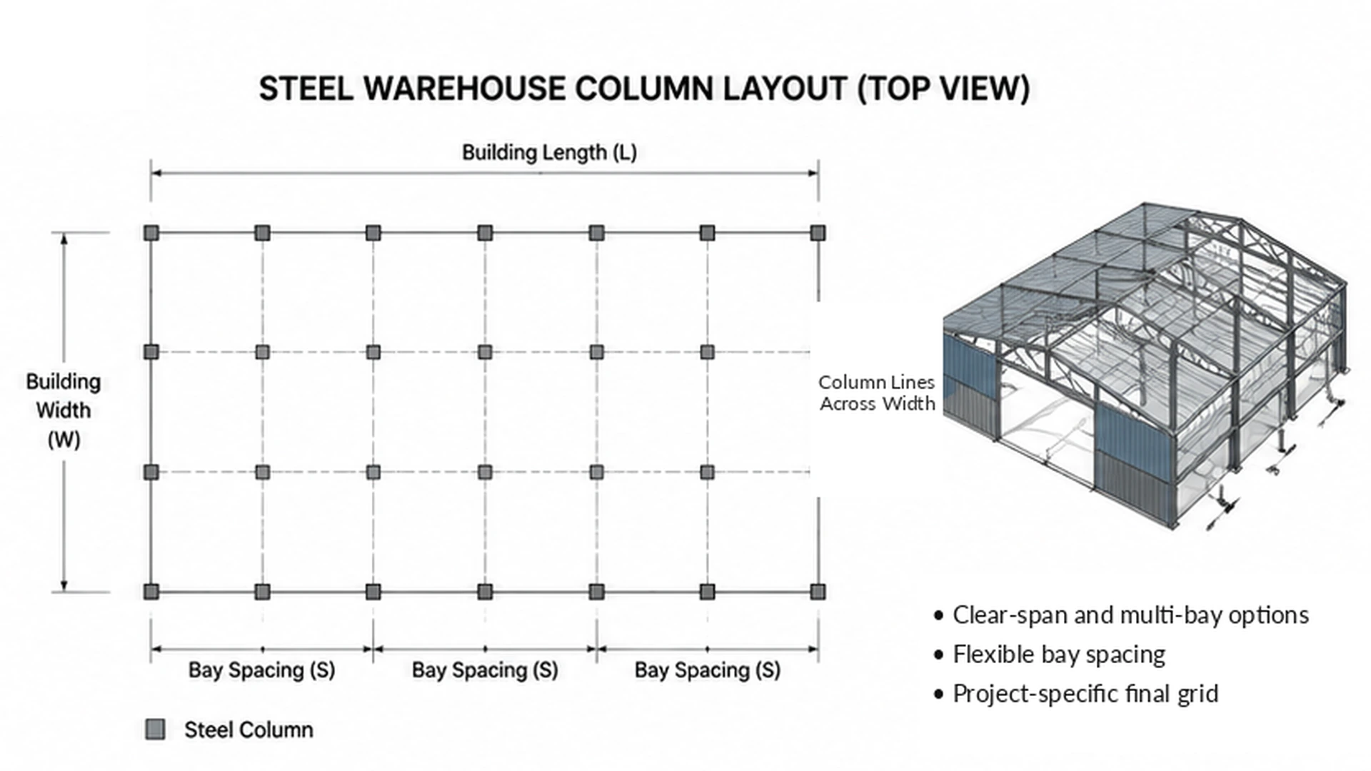 Top-view steel warehouse column layout showing bay spacing, building length and building width