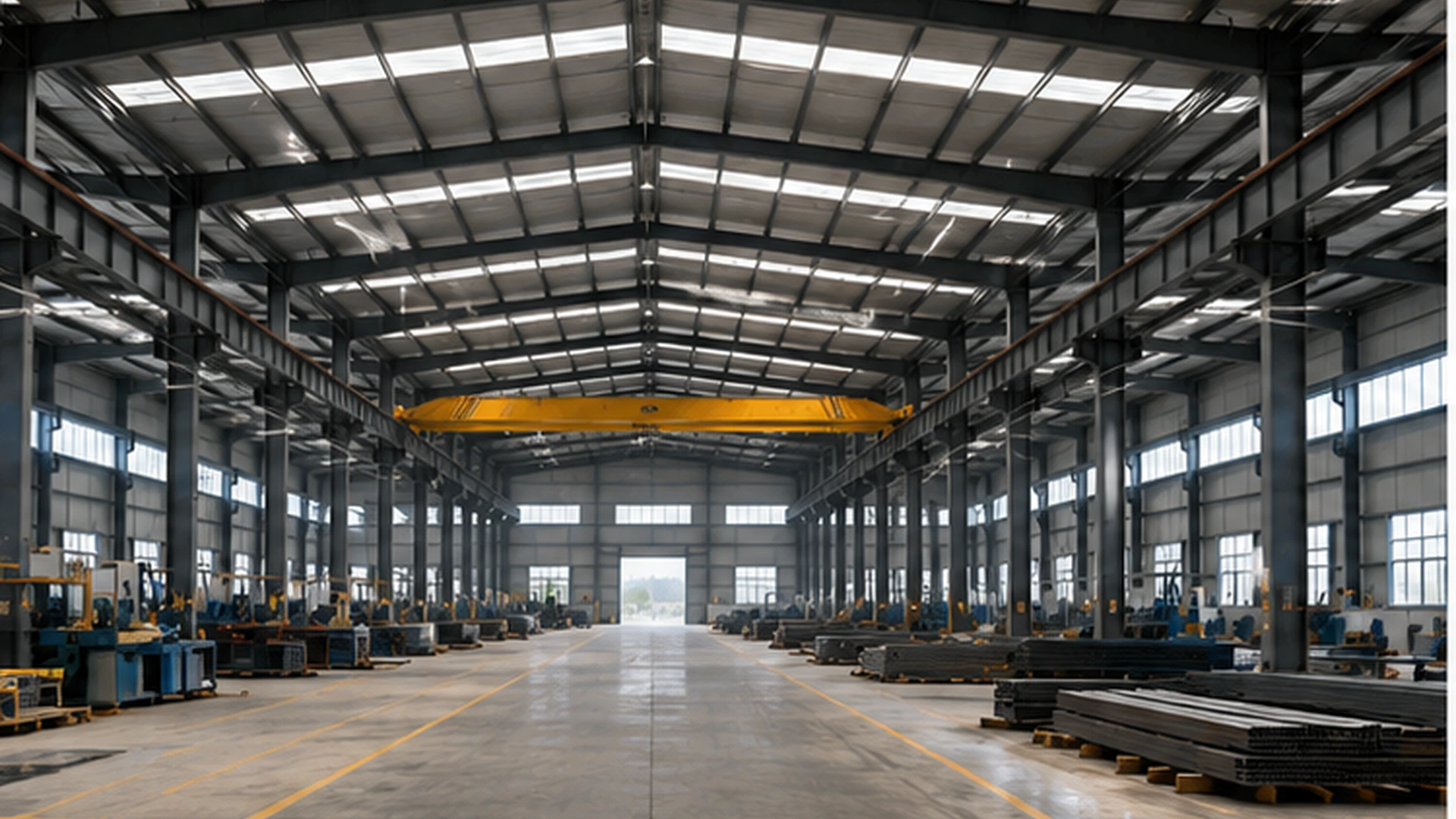 Steel warehouse interior showing structural column grid and wide working aisles