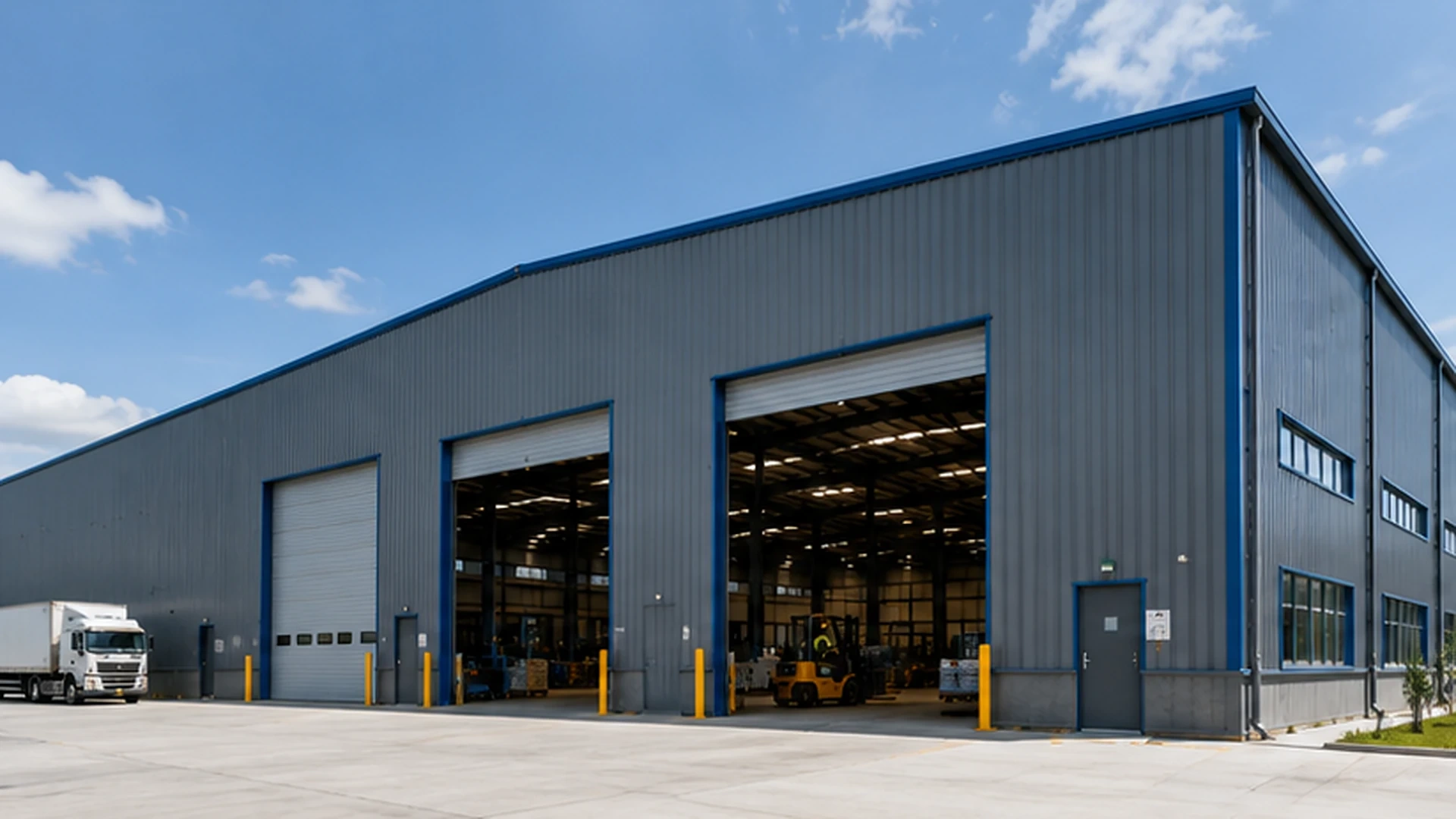 Steel warehouse building with large access doors for forklifts and trucks