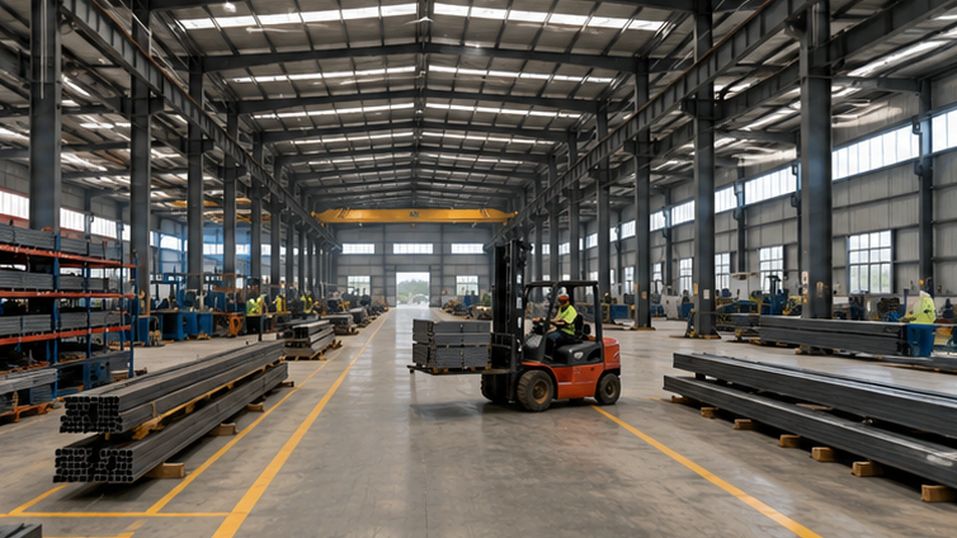 Steel warehouse interior with forklift route, column lines and material handling areas