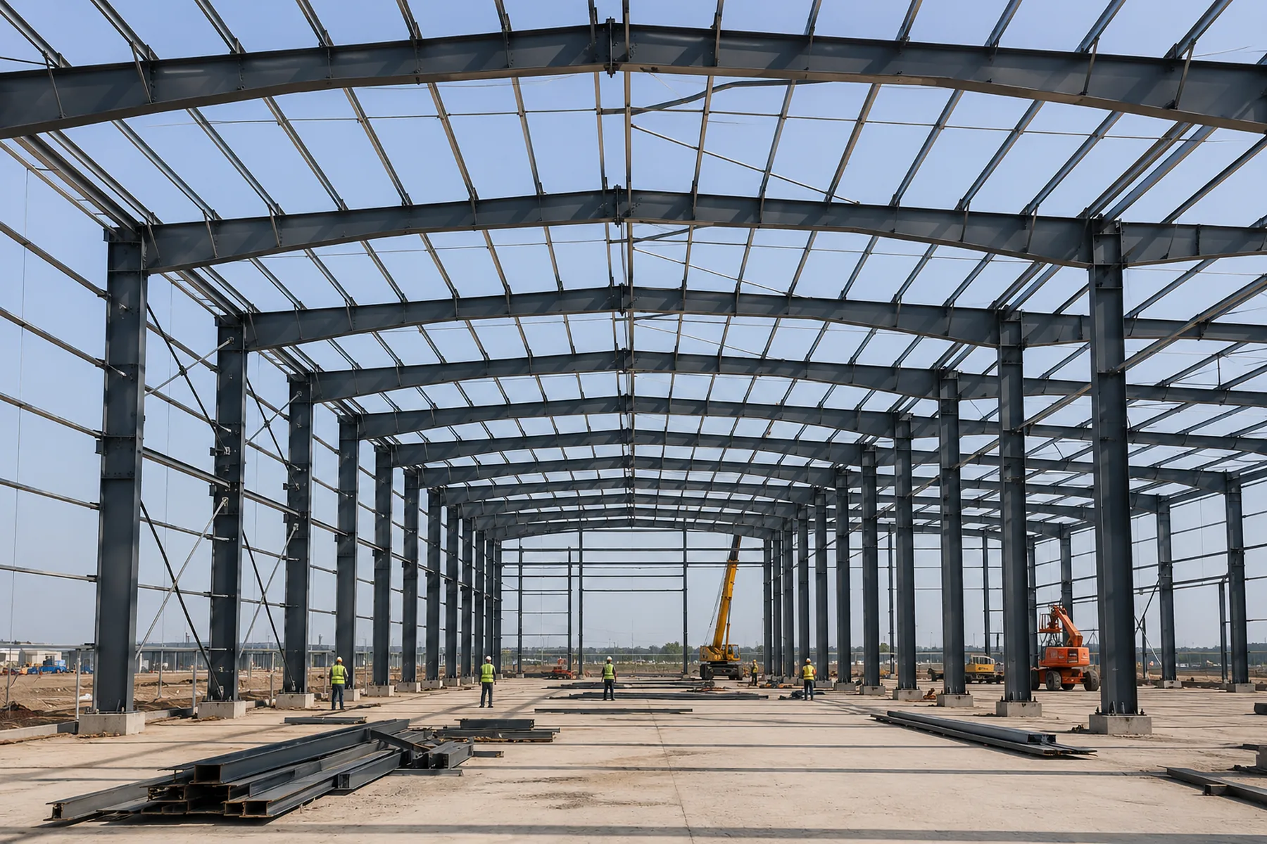 Steel warehouse frame with roof purlins and lateral bracing system