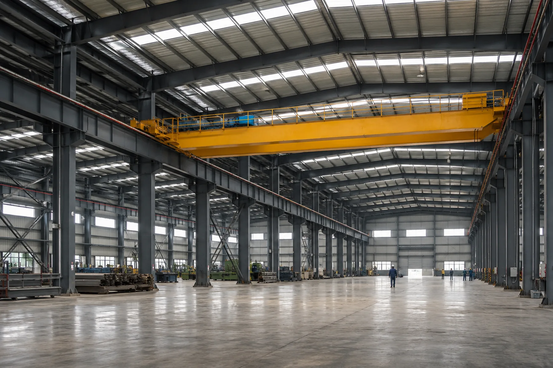 Steel warehouse with overhead crane runway beams and structural support