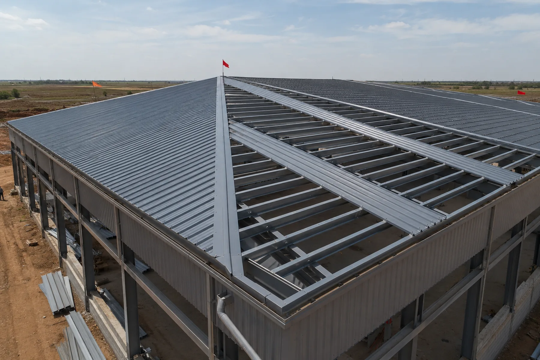 Steel warehouse roof system with purlins drainage and weather protection details