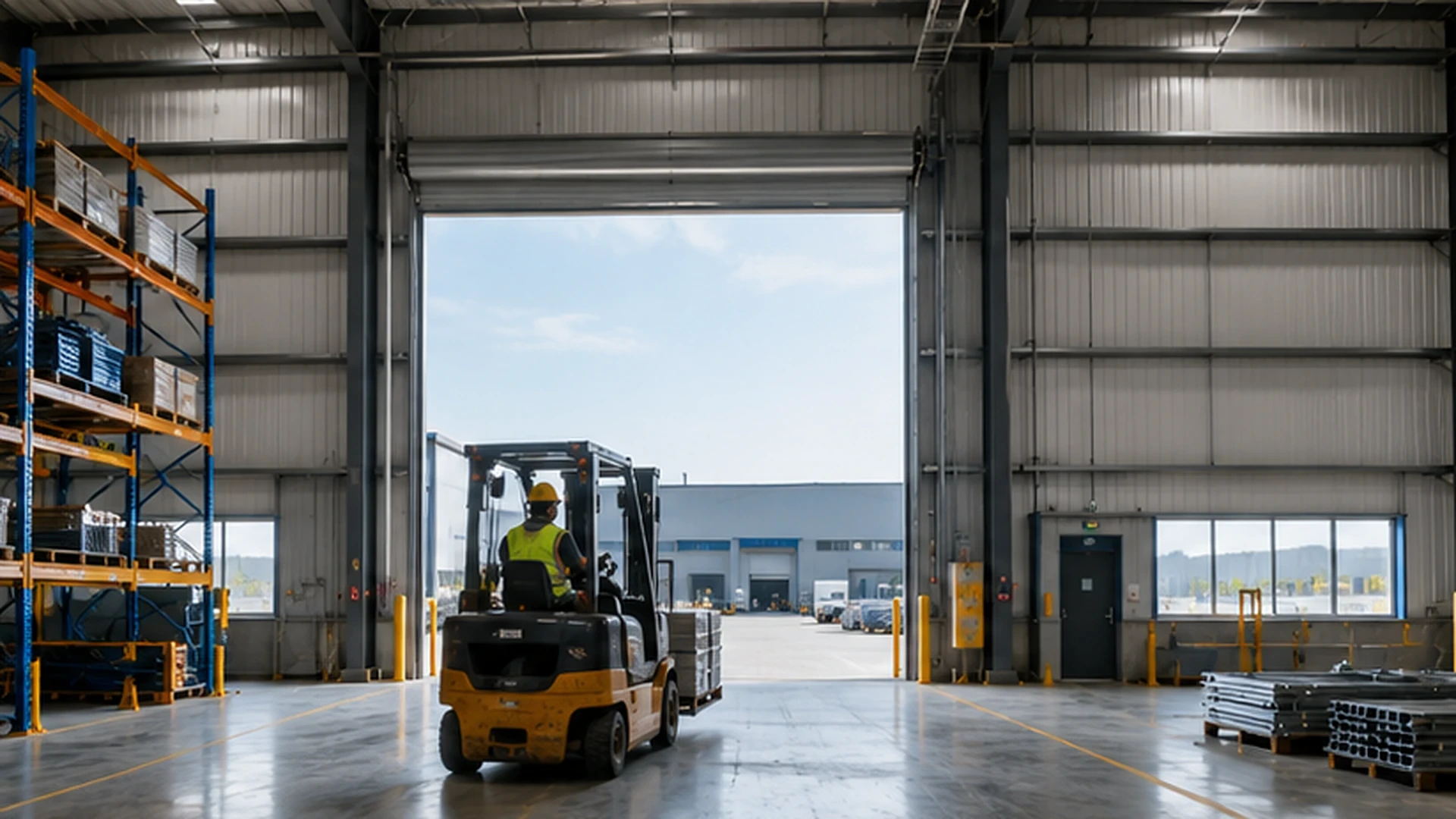 Forklift access and internal traffic flow through a steel warehouse door opening