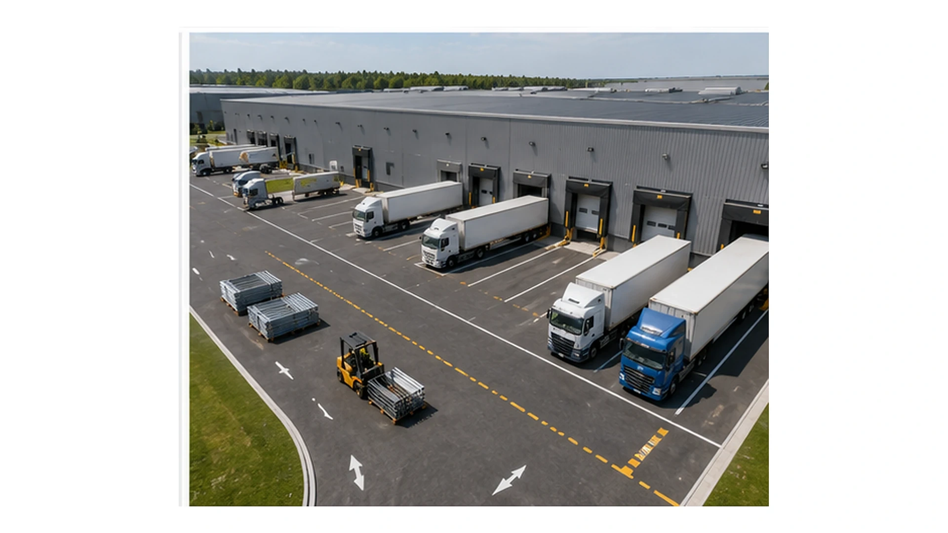 Warehouse loading bays with trucks, forklift routes and access planning