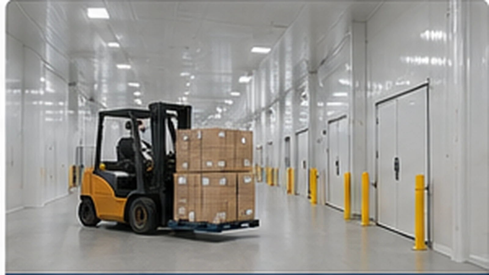 Temperature-controlled cold storage warehouse interior with insulated enclosure and forklift access