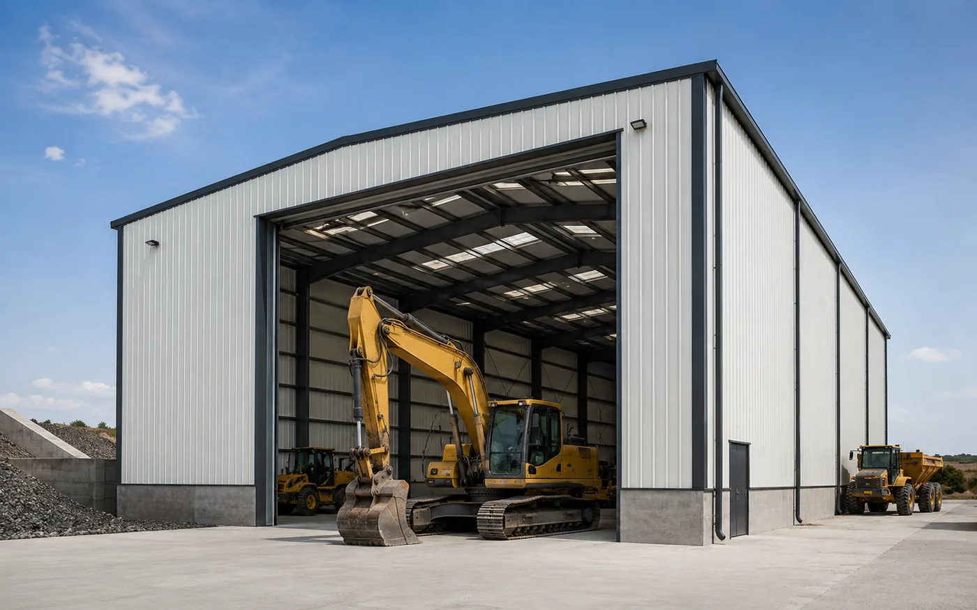 Heavy equipment storage building with large access opening for industrial machinery