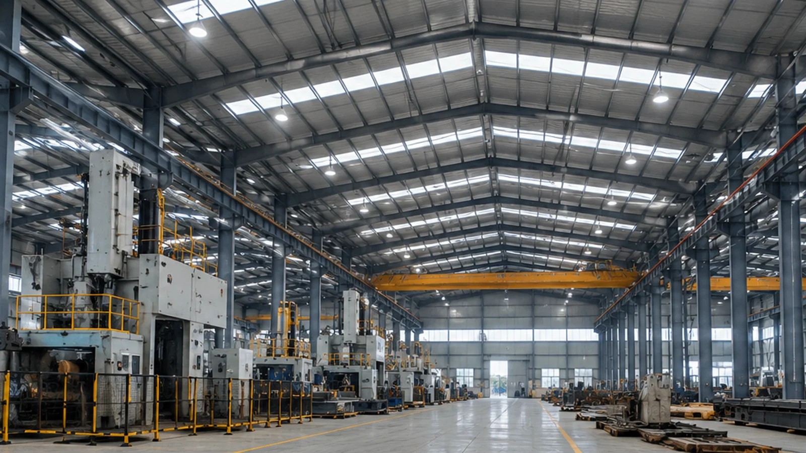 High-clearance industrial steel building with tall equipment and usable vertical space