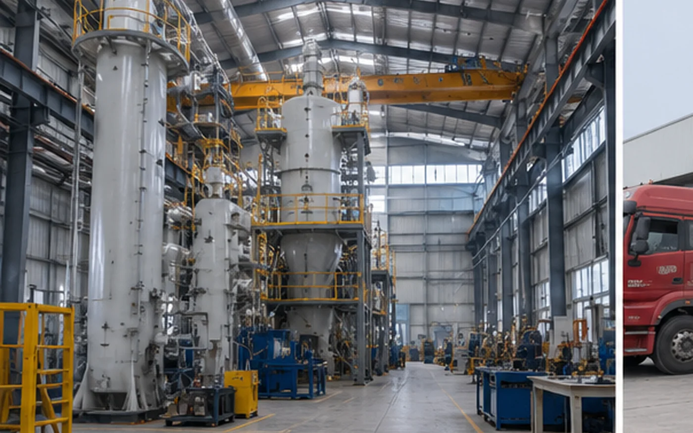 High-clearance industrial building with tall equipment operating zone