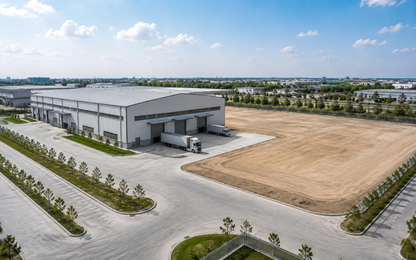 Industrial steel building with reserved site area for future expansion
